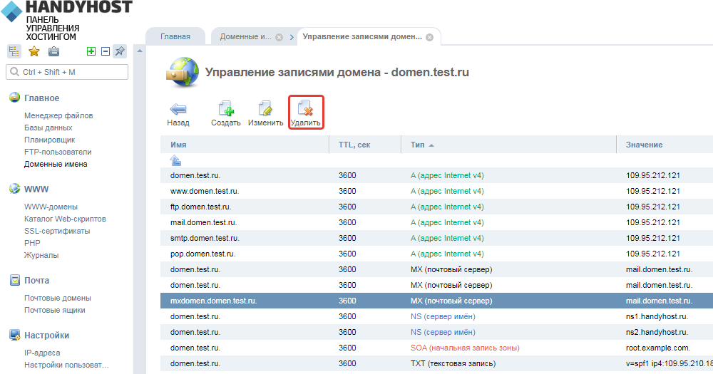 Добавить dns запись ispmanager