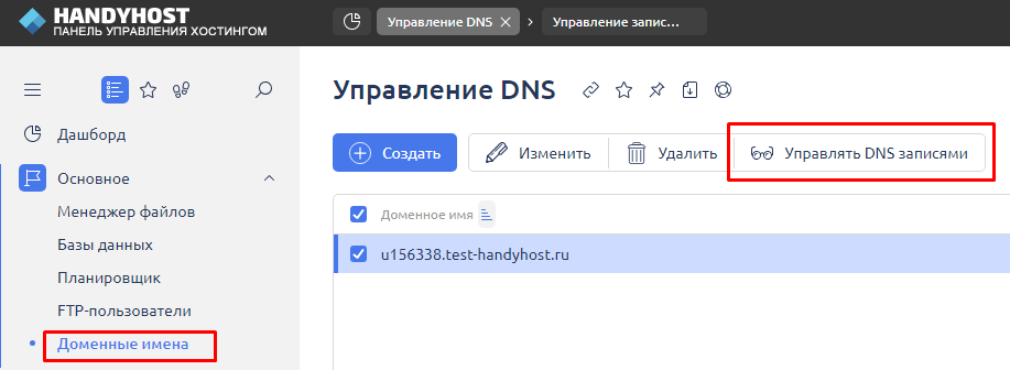 Переход в редактор DNS записей домена через панель управления хостингом ISPmanager